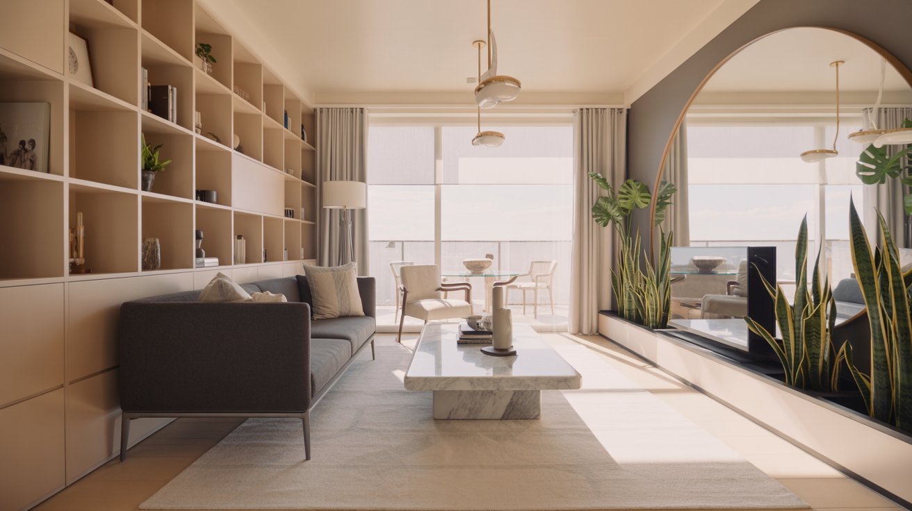 Modern living room with a gray sofa, marble coffee table, and large bookshelf. The space is bright, featuring tall plants and a curved mirror, creating an elegant and tranquil atmosphere.