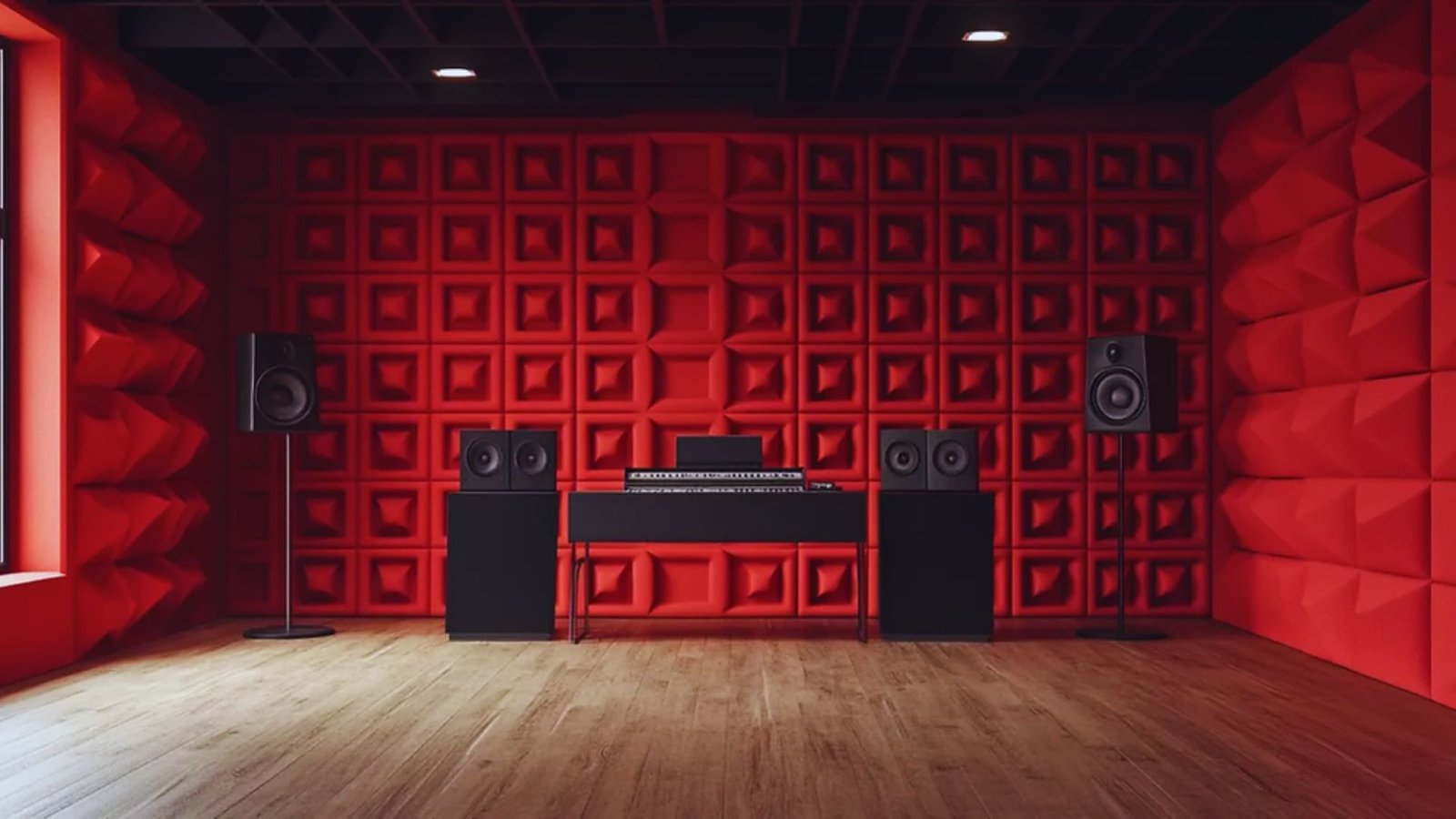 A vibrant recording studio with red, padded acoustic walls, featuring speakers on stands, a central keyboard, and a modern, minimalistic design.