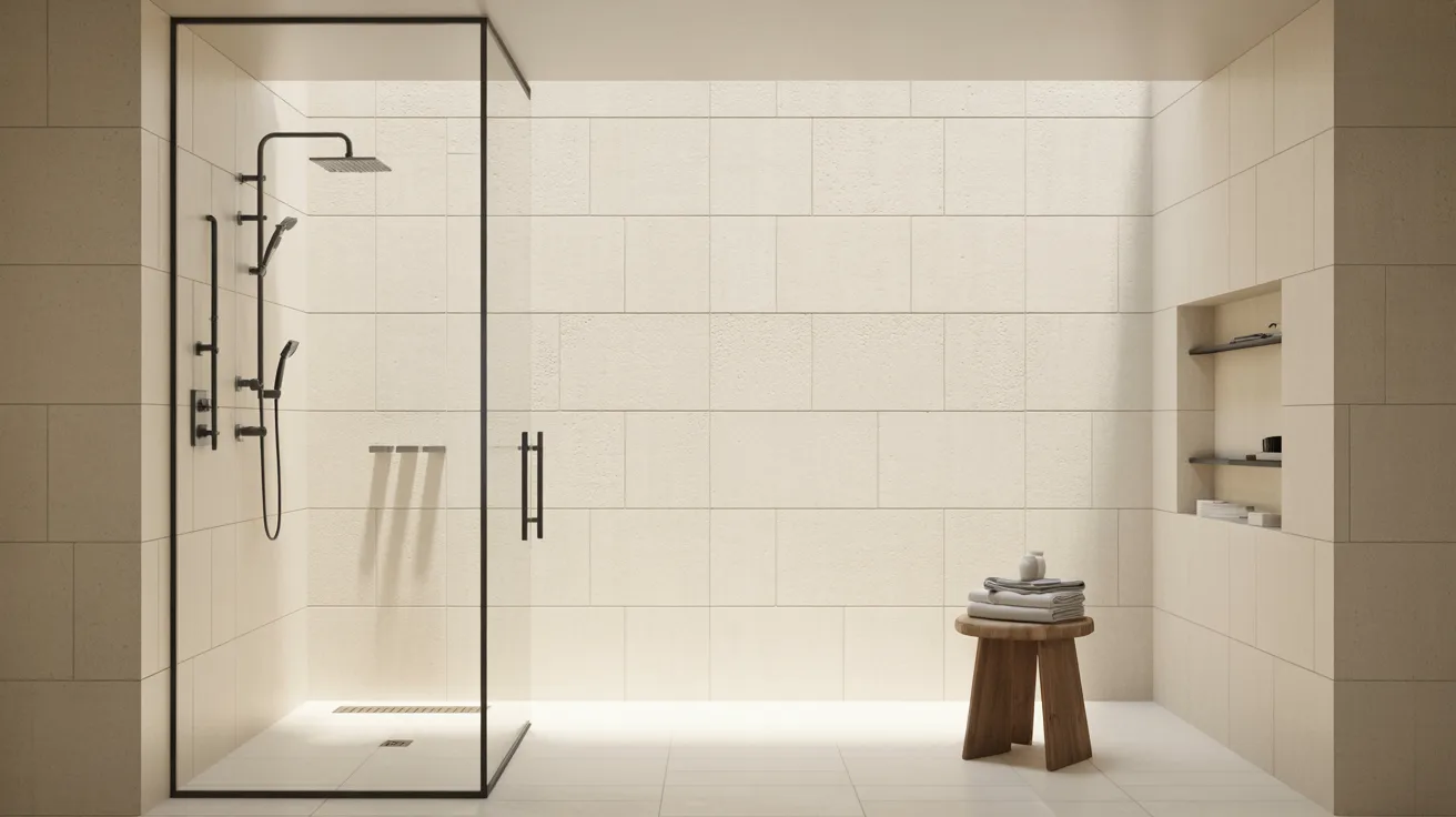 Minimalist bathroom featuring a glass-enclosed shower on the left, with beige tiles. A small wooden stool with towels and a candle sits near built-in shelves on the right.