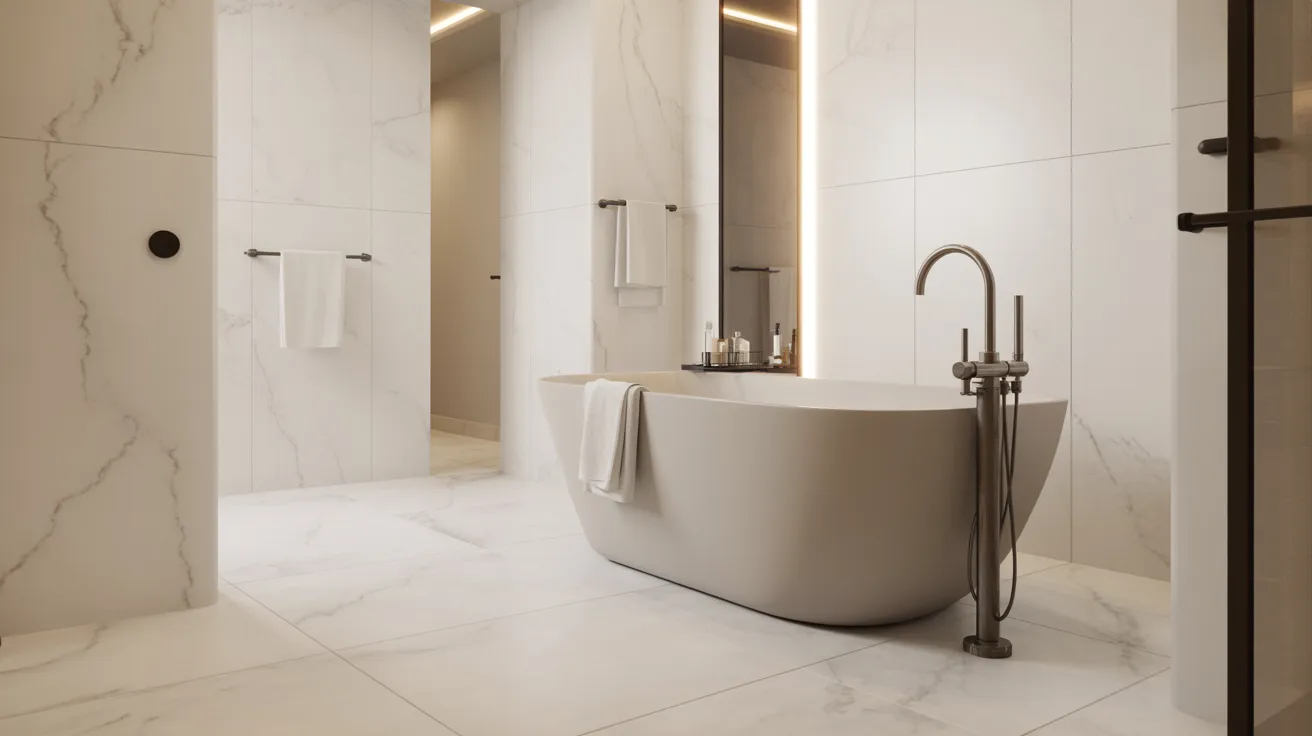 Luxurious bathroom with a freestanding oval bathtub, modern fixtures, and marble tile walls. Soft lighting creates a serene, elegant atmosphere.