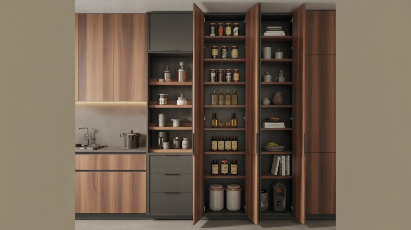 Modern kitchen with wood and gray cabinets. Three tall pantry doors open, revealing jars, bottles, and containers neatly organized on shelves. Cozy and organized ambiance.