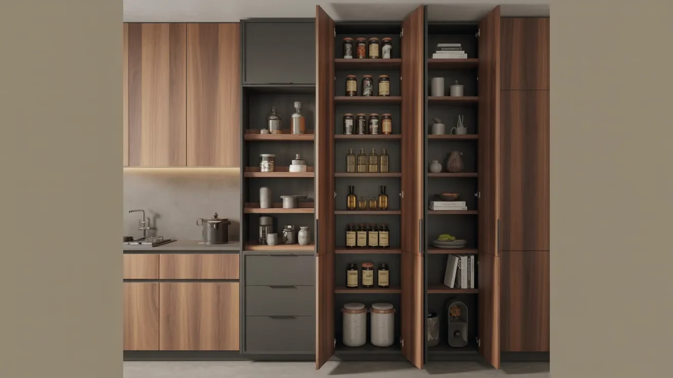Modern kitchen with wood and gray cabinets. Three tall pantry doors open, revealing jars, bottles, and containers neatly organized on shelves. Cozy and organized ambiance.