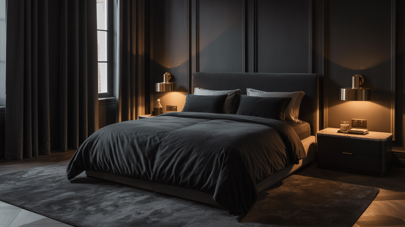 Elegant bedroom with dark walls, a plush black bed, two modern bedside lamps, and soft lighting, creating a cozy and sophisticated atmosphere.