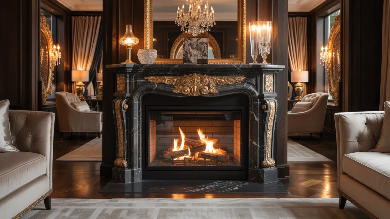 Luxurious living room with an ornate dark marble fireplace ablaze. Elegant chandeliers, gold accents, plush beige sofas, and soft lighting create a warm, opulent ambiance.