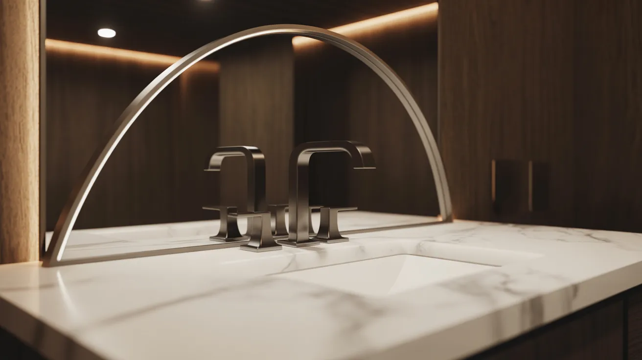Sleek modern bathroom with an arched mirror, marble countertop, and contemporary faucet, creating a warm, elegant ambiance with wood paneling.