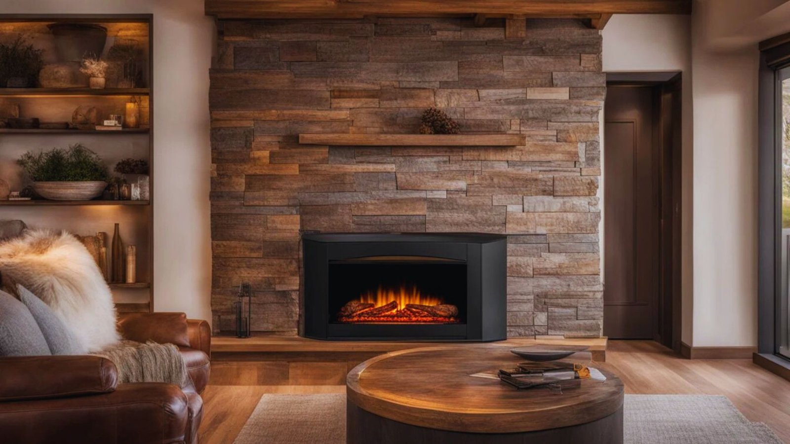 Cozy living room with a stone fireplace, glowing warmly. Leather sofa with plush throws. Wooden coffee table adds rustic charm. Shelves lit softly.