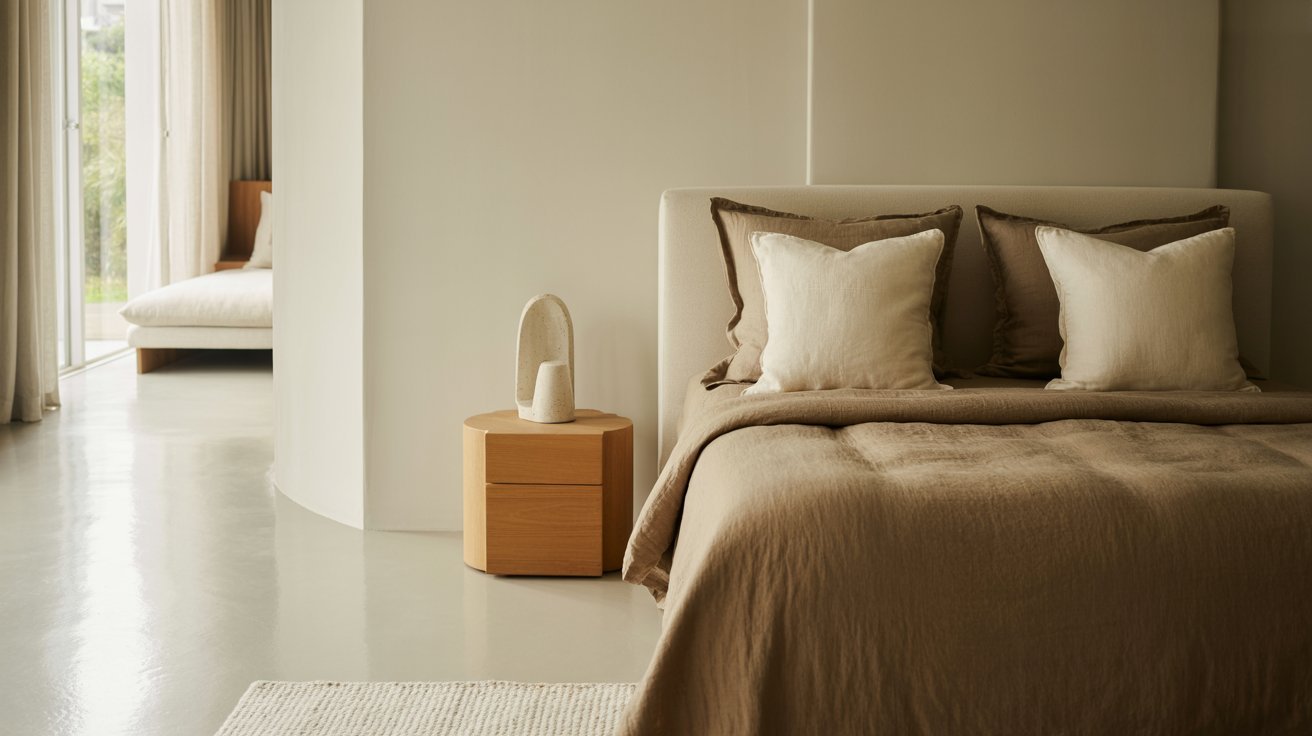 Minimalist bedroom with neutral tones; features a beige bed with white and brown pillows, a round wood nightstand, and a small sculpture, creating a serene, cozy atmosphere.