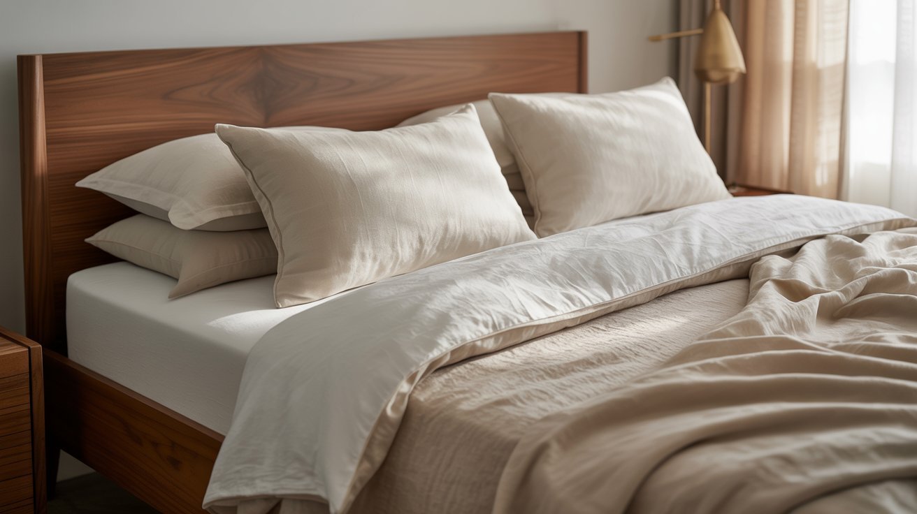 A cozy bedroom with a neatly made bed featuring beige sheets and pillows. Wooden headboard and side table add warmth. Soft natural light filters through curtains.