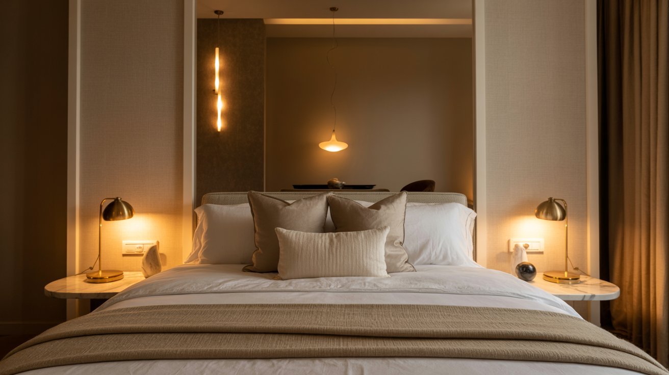 A cozy bedroom with warm lighting, featuring a neatly made bed with brown and beige pillows, modern bedside lamps, and soft curtains, creating a tranquil ambiance.