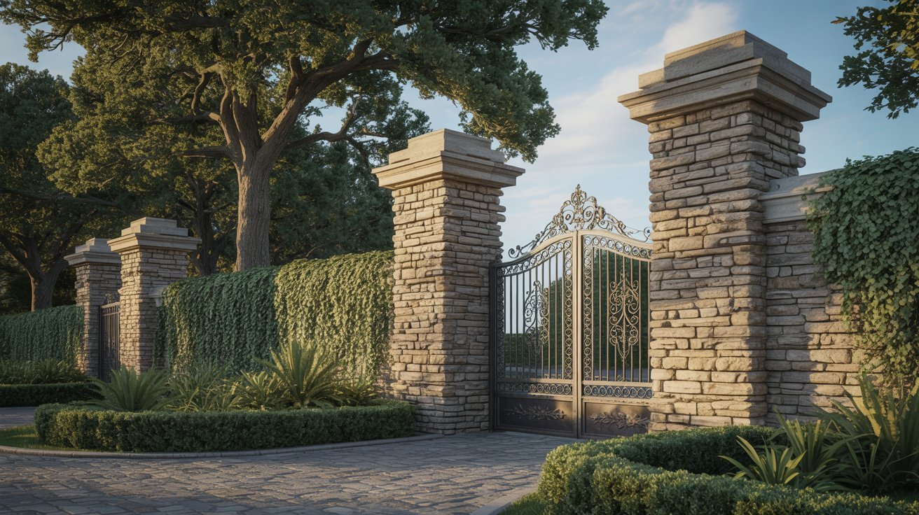 A decorative wrought iron gate with intricate patterns stands between tall stone pillars. Lush greenery and trees surround the serene, sunlit scene.