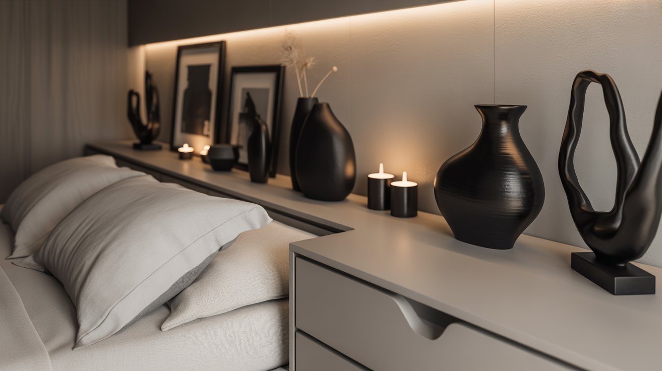 A modern bedroom with a minimalist style features a bed with neutral-colored pillows. A sleek dresser displays black vases, framed art, and lit candles, creating a calm ambiance.