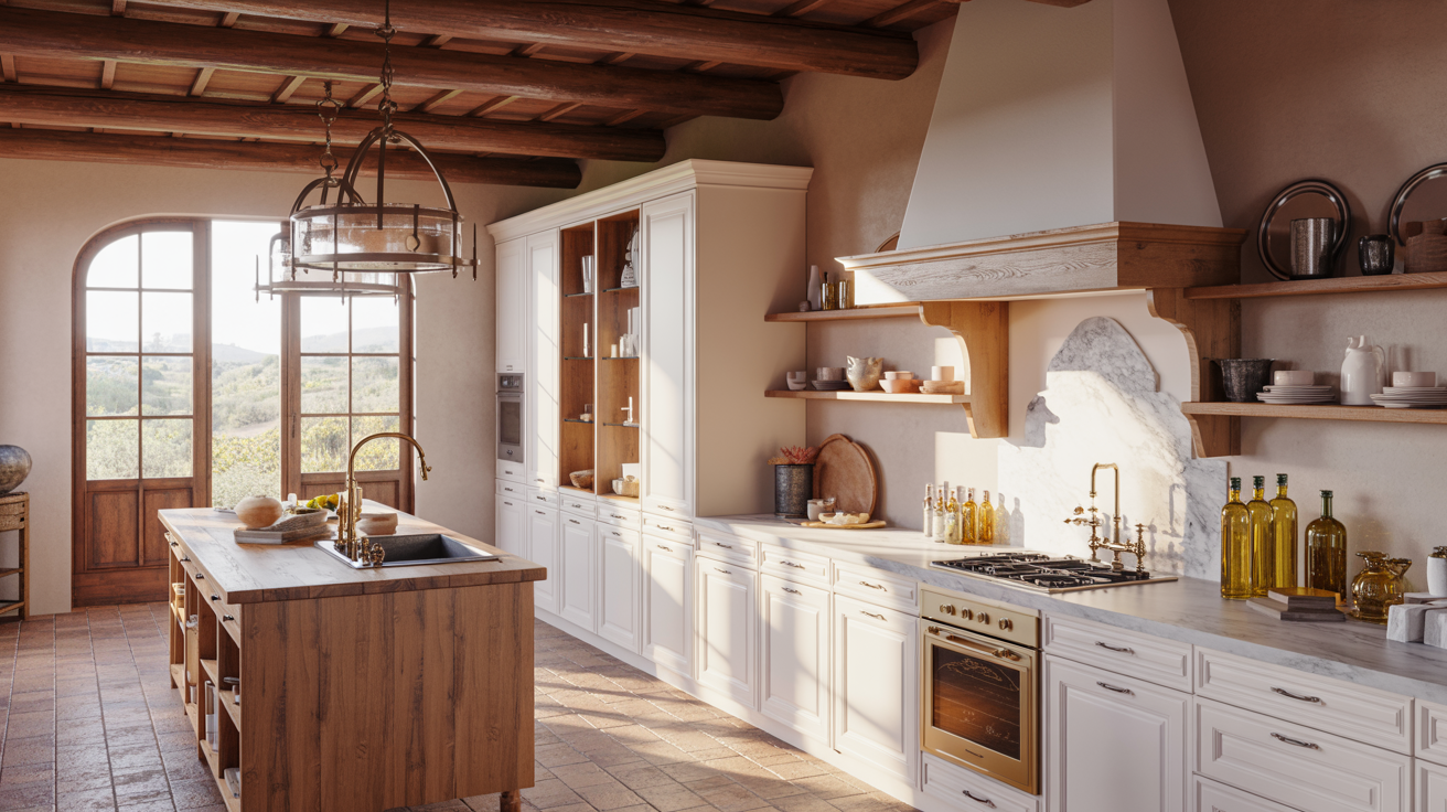 Spacious rustic kitchen bathed in natural light, with white cabinets, a wooden island, and a large window. Cozy and inviting ambiance.