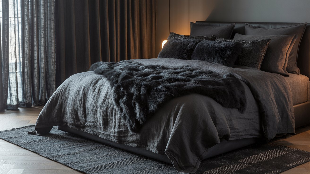 A cozy bedroom with a modern, dark theme. The bed has dark gray linens and a plush fur throw. Soft lighting and curtains create a tranquil atmosphere.
