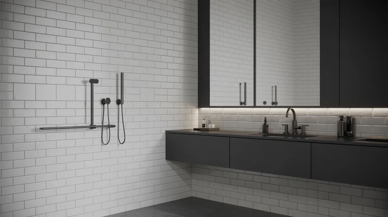 Modern bathroom with white subway tiles, sleek dark gray floating cabinets, a large mirror, and subtle under-cabinet lighting. Minimalist and serene.