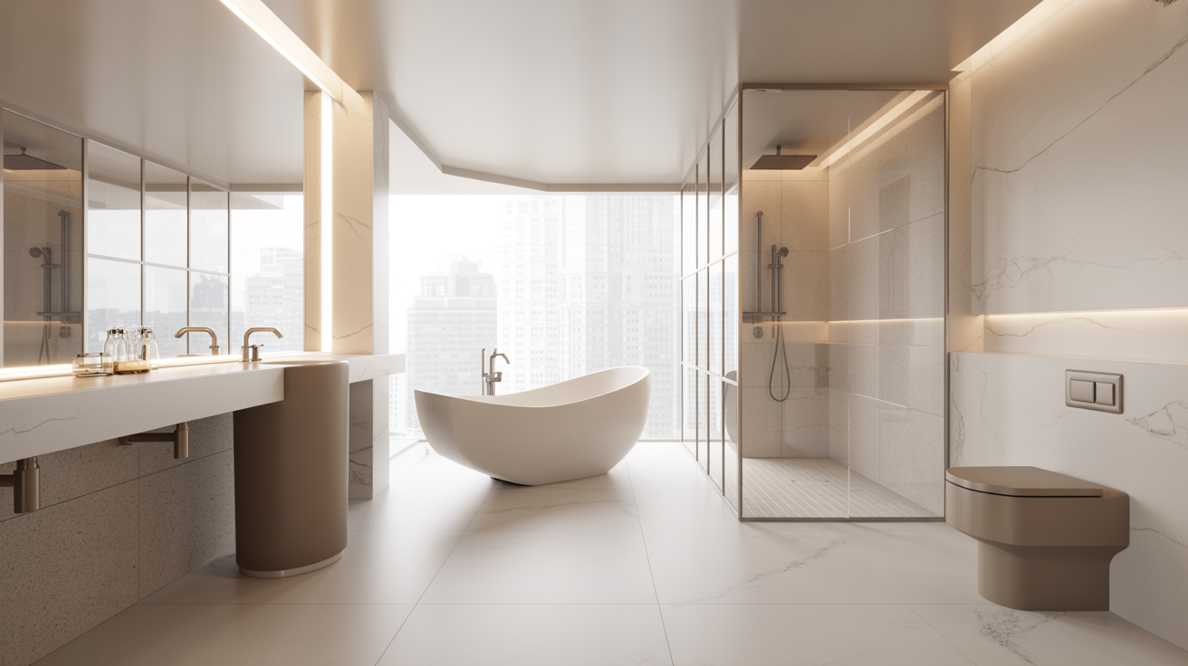 Luxurious modern bathroom with a freestanding bathtub, glass-enclosed shower, large mirrors, dual sinks, and city view. The design is sleek and elegant.