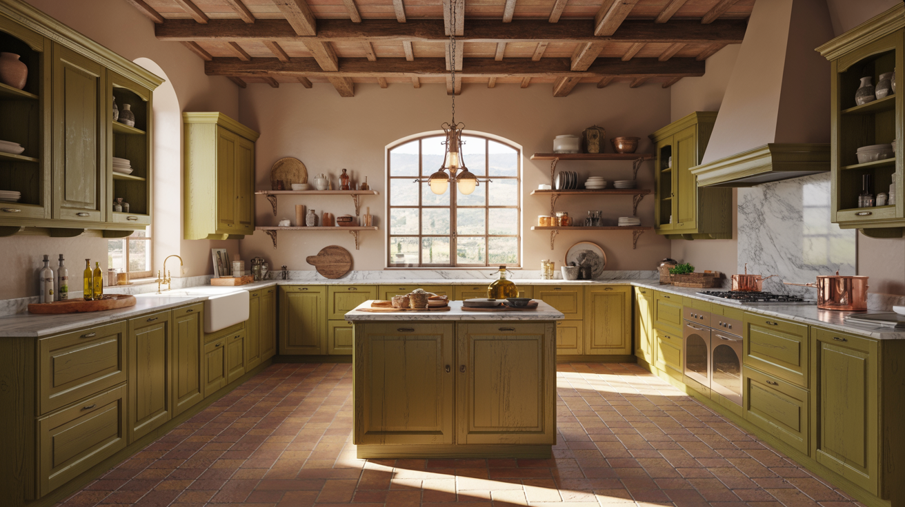 Spacious rustic kitchen with olive green cabinets, terracotta tiles, wooden beams, and a central island. Sunlit window and warm, inviting ambiance.