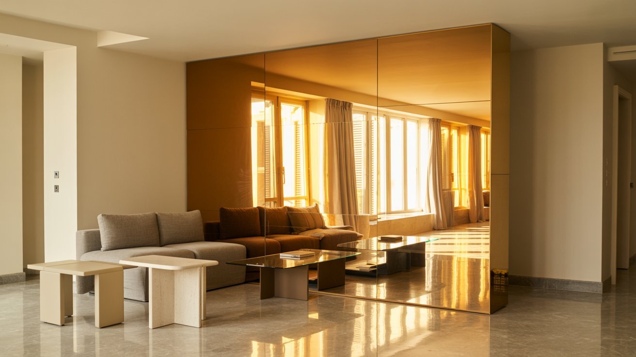 Modern living room with a large, reflective golden wall panel. Sunlight streams through floor-to-ceiling windows, casting warm hues. Includes a gray sofa, glass coffee table, and two minimalist wooden stools.