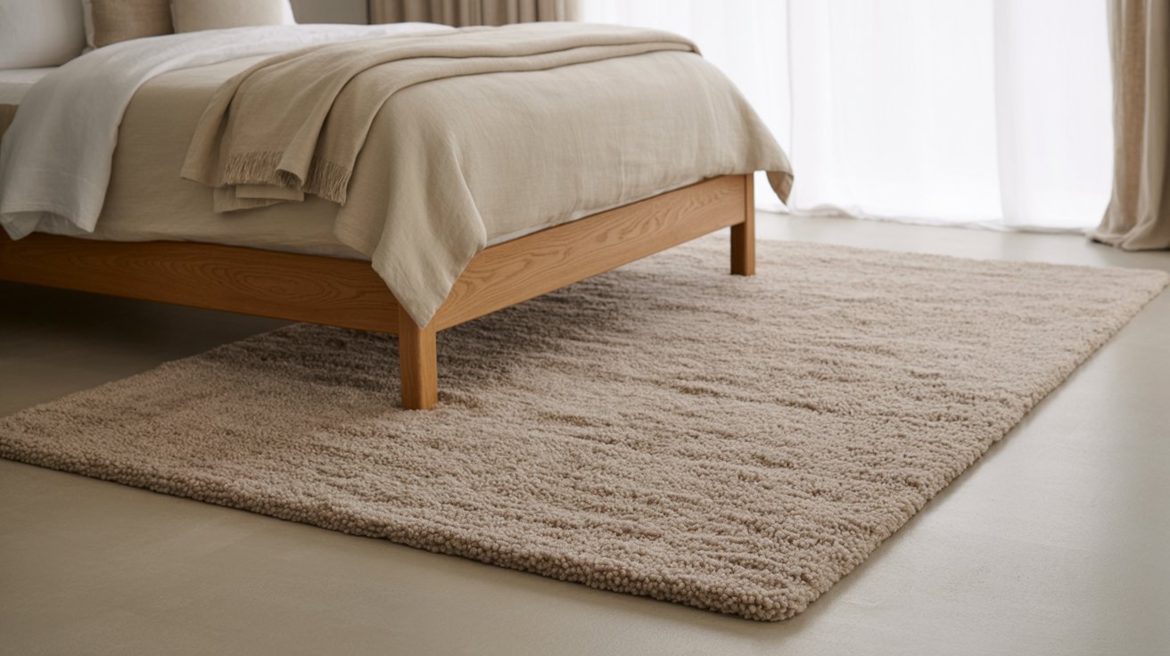 Cozy bedroom scene with a wooden bed frame and beige bedding. A plush, textured beige rug lies on the floor, conveying warmth and comfort. Soft, natural lighting filters through sheer curtains.