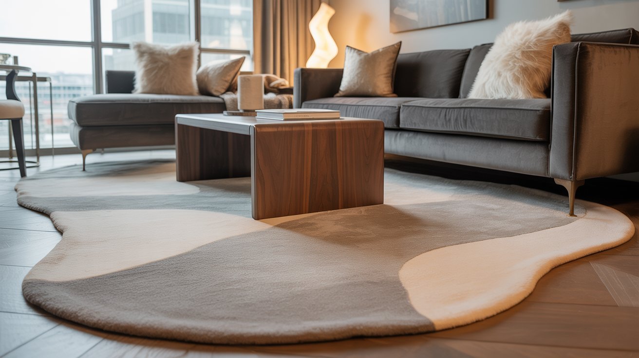 Modern living room with a gray couch, fluffy pillows, and a wooden coffee table on a wavy, abstract rug. Large windows provide natural light. Cozy ambiance.