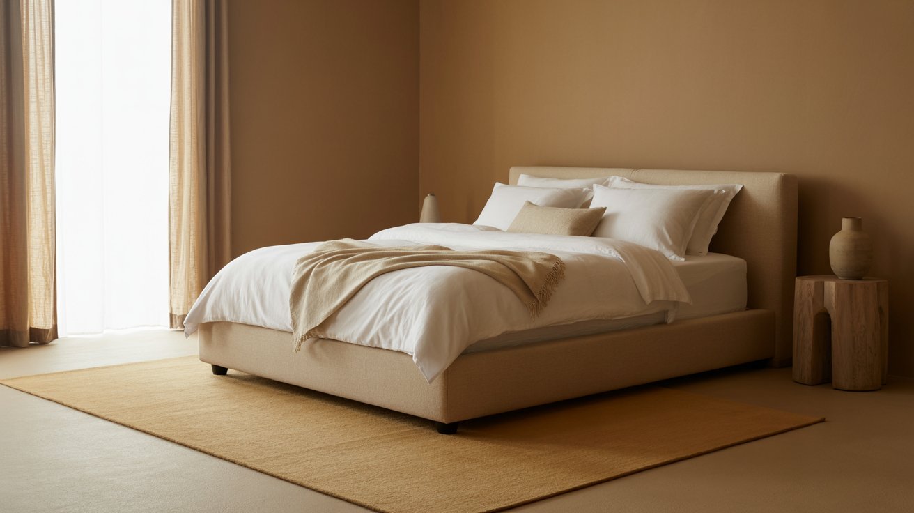 A cozy bedroom with a beige upholstered bed, white bedding, and a tan throw blanket. Sunlight streams through sheer curtains, creating a calming ambiance.