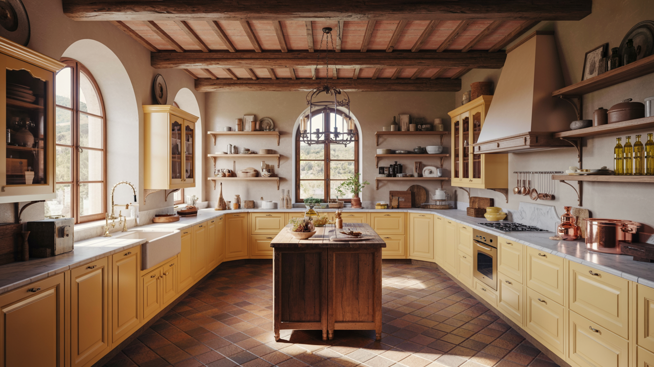 Spacious rustic kitchen with warm yellow cabinets, wooden island, and terracotta floor. Sunlight streams through arched windows, creating a cozy vibe.