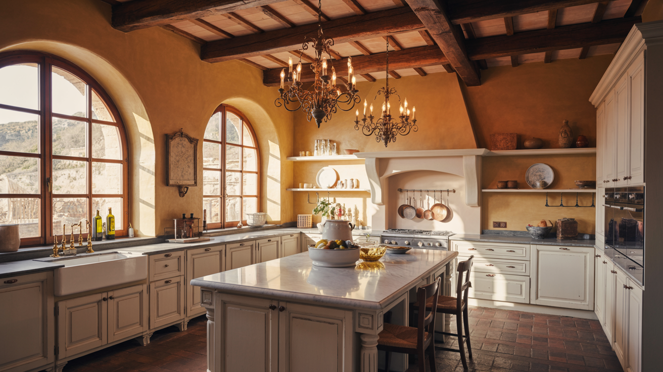 Warm, rustic kitchen with arched windows, wooden beams, chandeliers, and cream cabinetry. Central island has a marble countertop and fruit bowl.