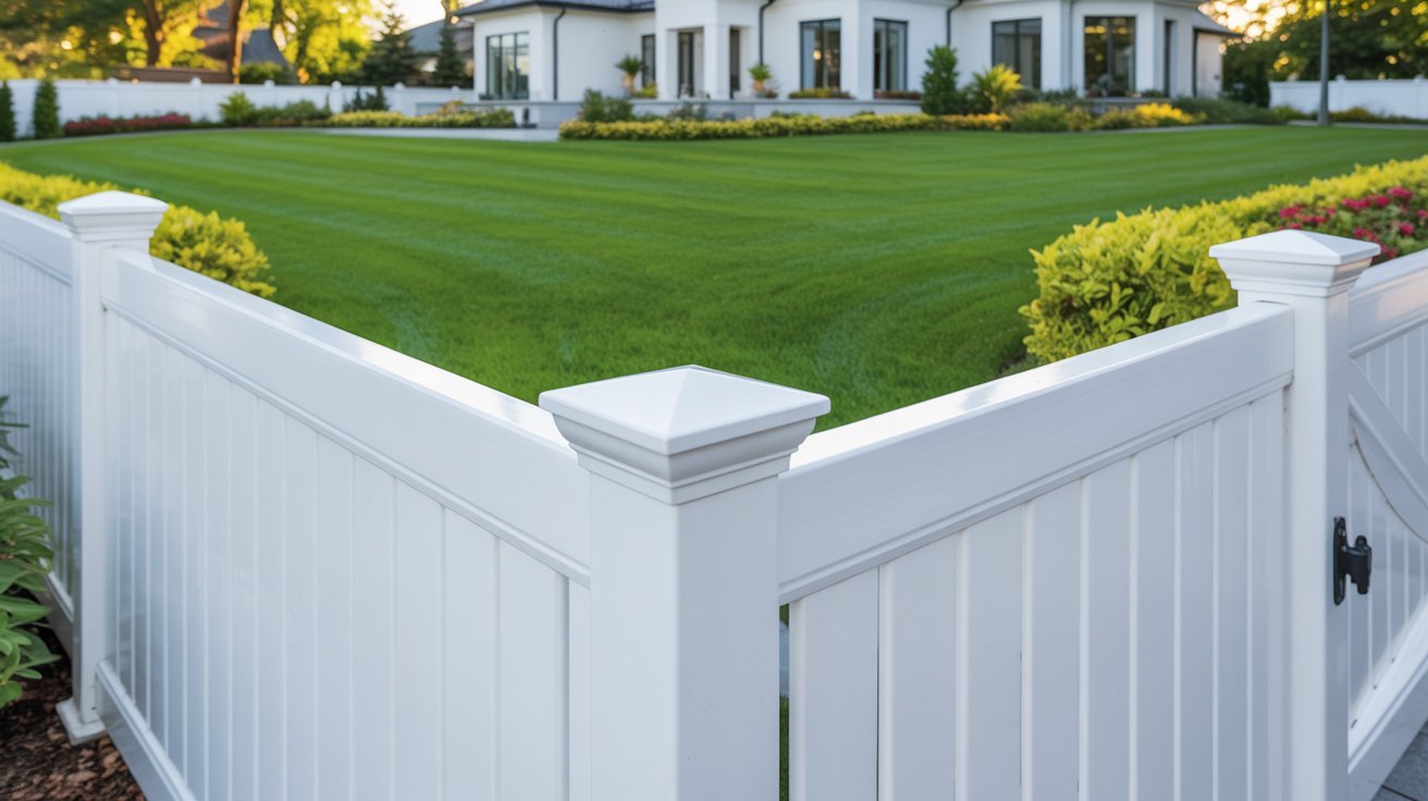 A pristine white fence encloses a lush green lawn in front of a modern white house. The scene conveys a sense of neatness and tranquility.