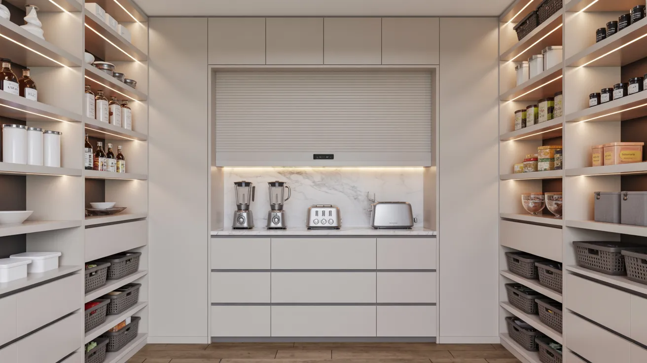 Sleek pantry with beige shelves stocked with jars, baskets, and canned goods. Central countertop holds blenders and a toaster, under a closed cabinet.