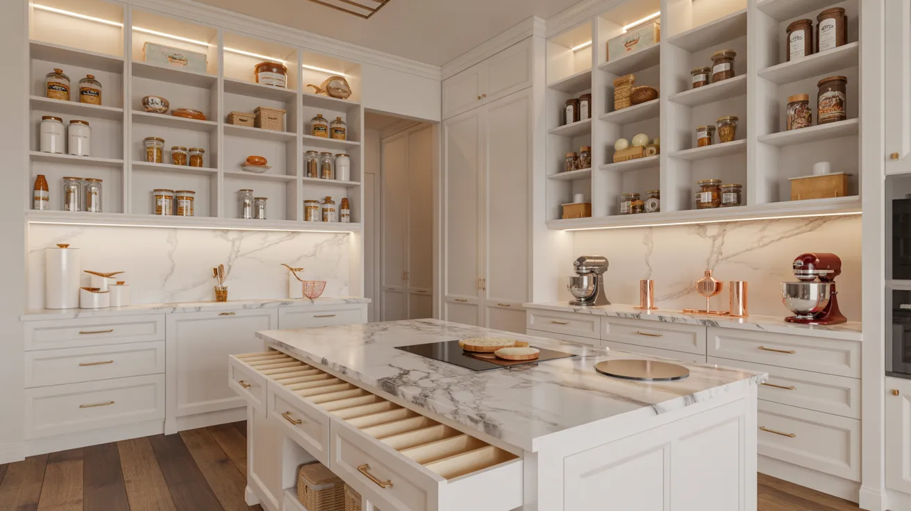 A bright, modern kitchen with white cabinets, marble countertops, and open shelves displaying jars and mixers. Warm lighting creates a welcoming atmosphere.