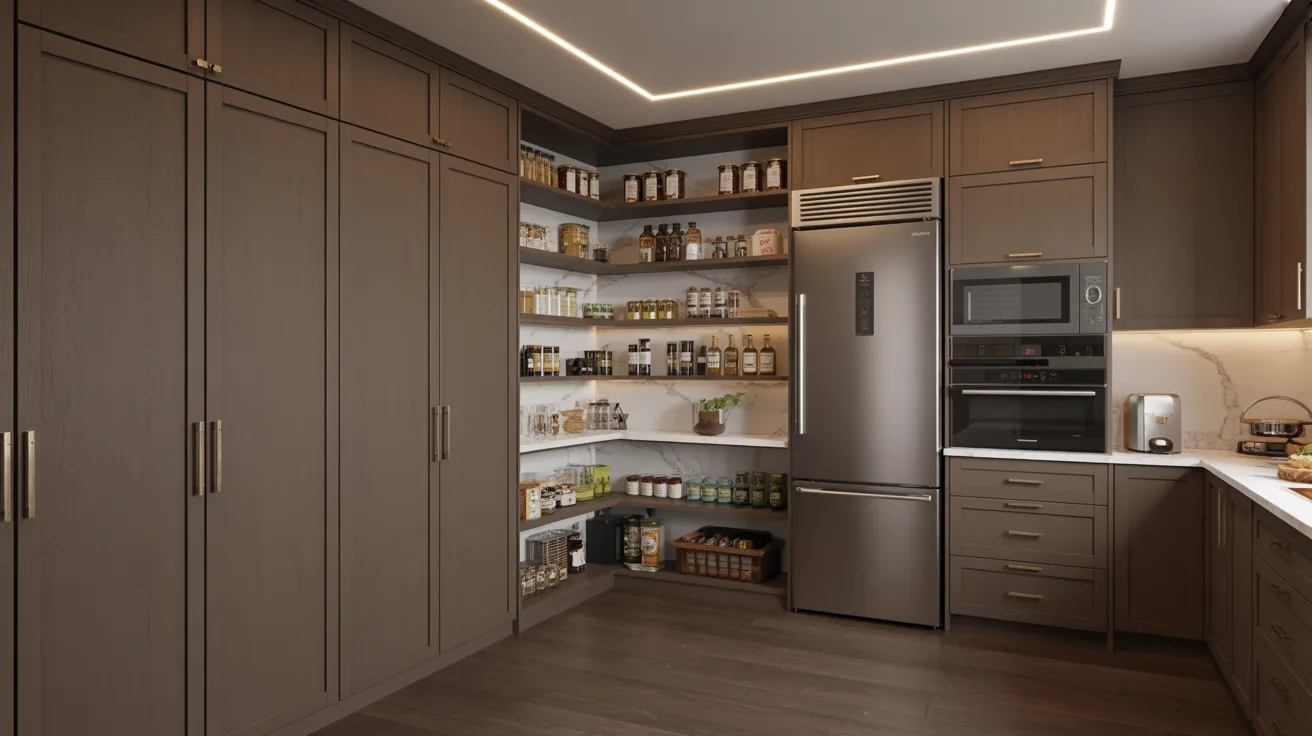A modern kitchen featuring sleek grey cabinets, open shelves stocked with jars and cans, a stainless steel fridge, and built-in microwave on a hardwood floor.