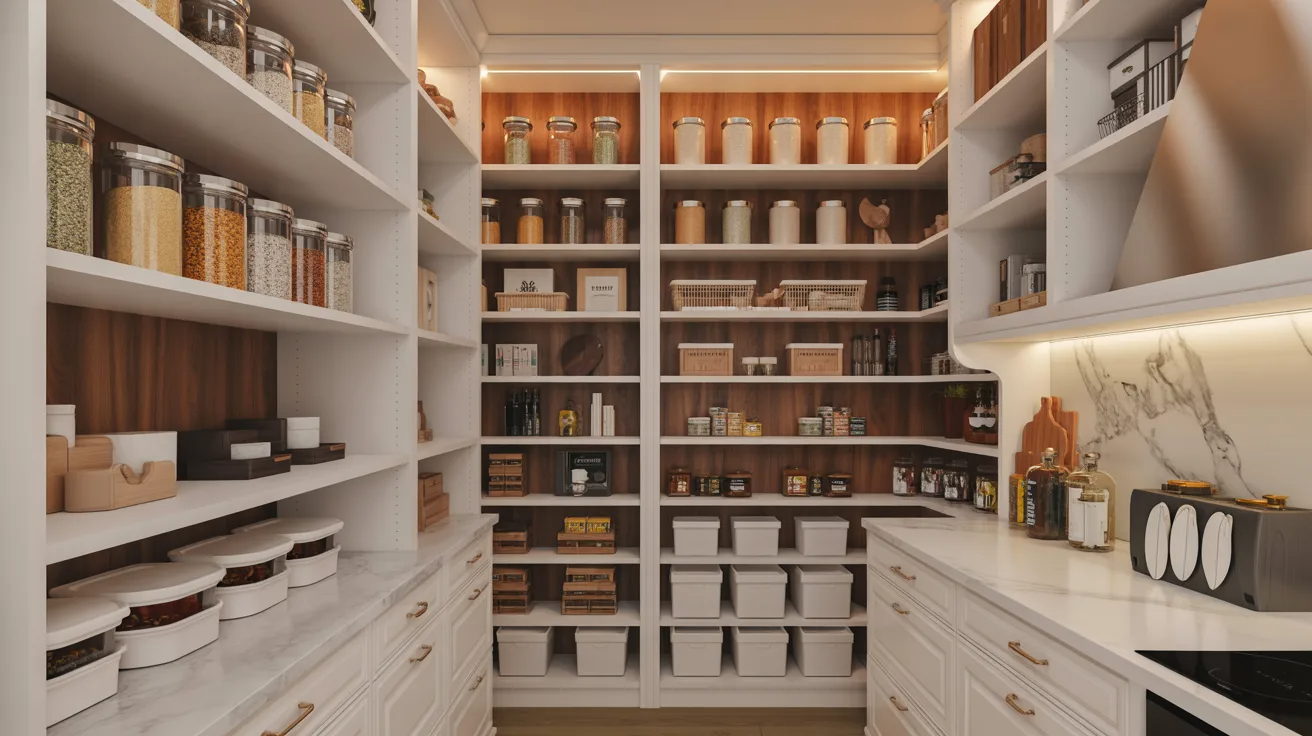 A well-organized pantry with white shelves lined with neatly labeled jars and containers filled with grains, spices, and canned goods. Warm lighting creates a cozy ambiance.