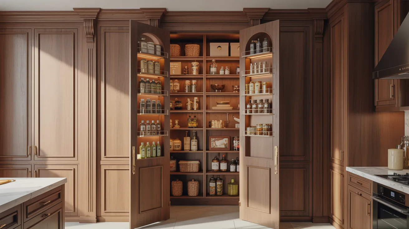 Spacious kitchen pantry with wooden shelves, housing neatly organized jars, bottles, and baskets. Warm lighting and classic wood cabinetry convey elegance.