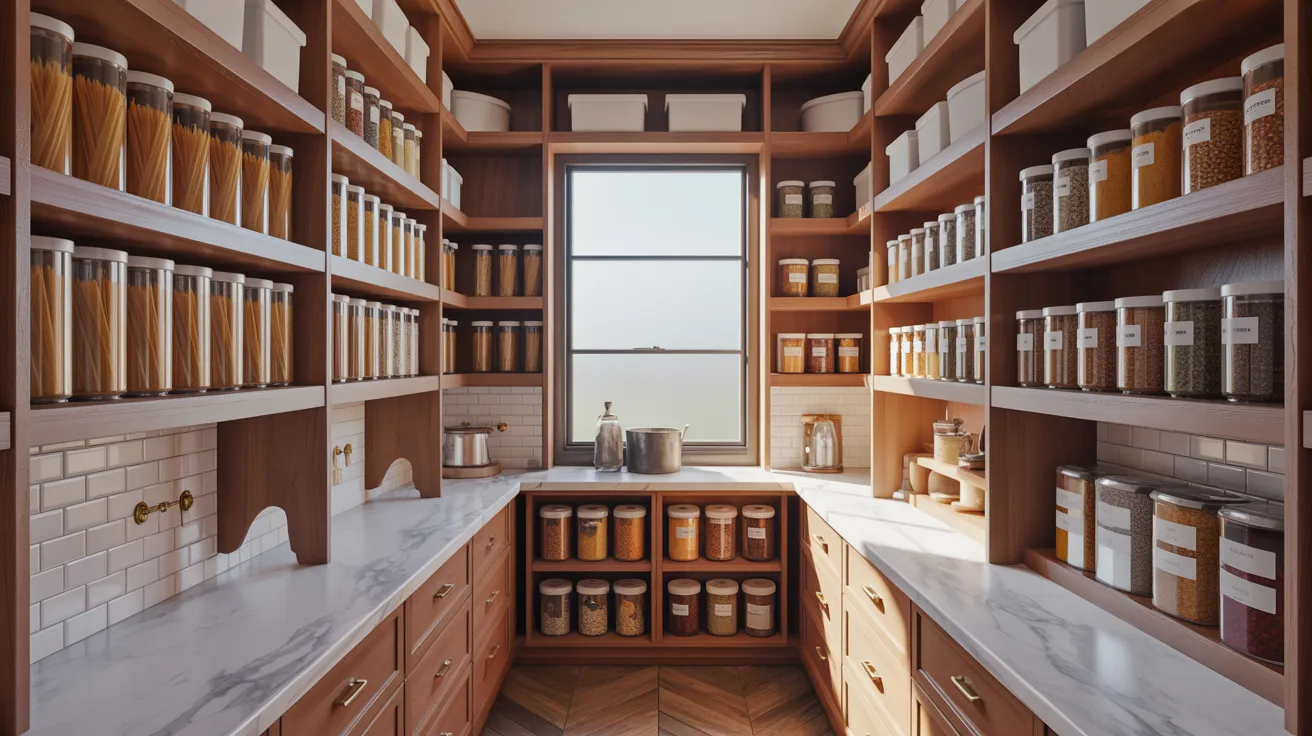 A well-organized pantry with wooden shelves filled with jars of pasta and spices. The room is bright, featuring a large central window and marble countertops.