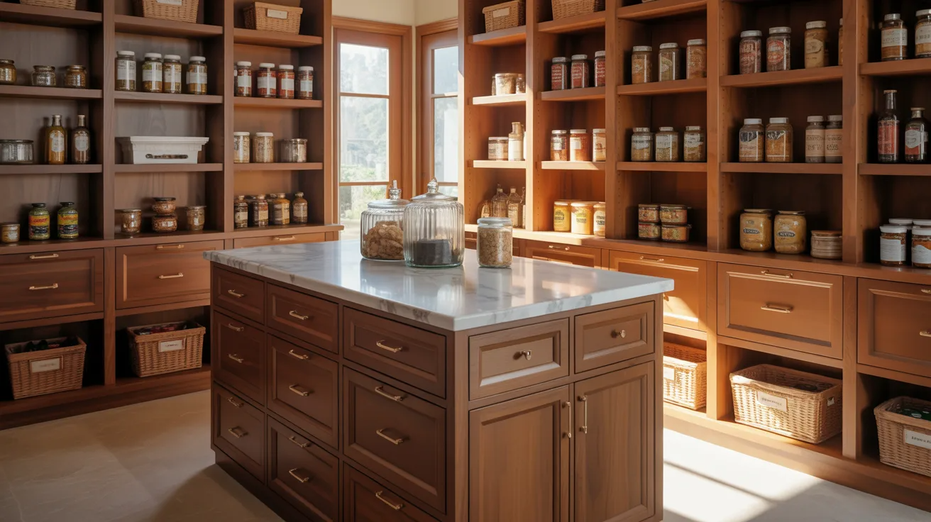 A well-organized pantry with wooden shelves filled with jars and baskets. A central island with a marble top holds glass containers. Warm and inviting atmosphere.