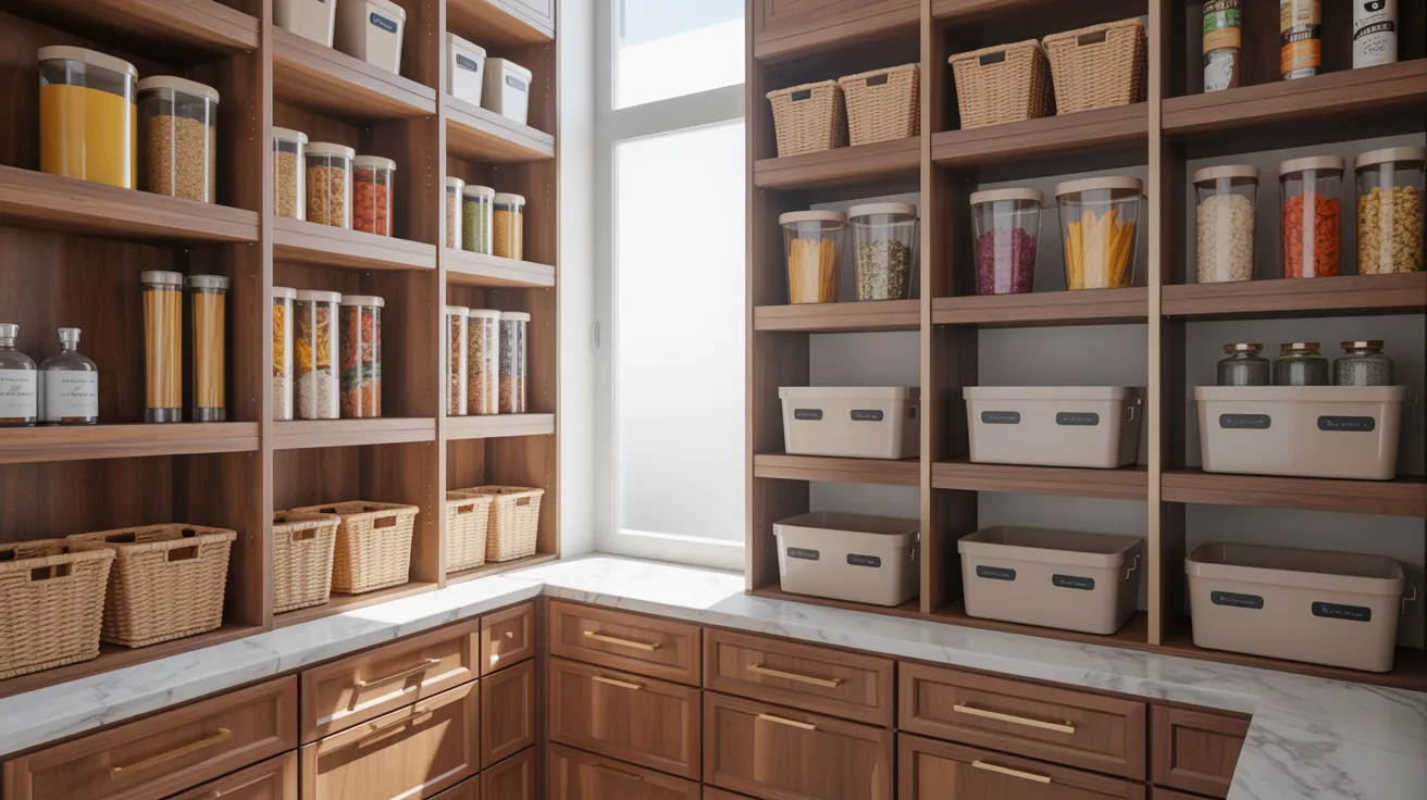 Warm-toned pantry with wooden shelves, neatly organized jars of pasta, grains, and baskets. A bright window casts natural light, creating an inviting atmosphere.