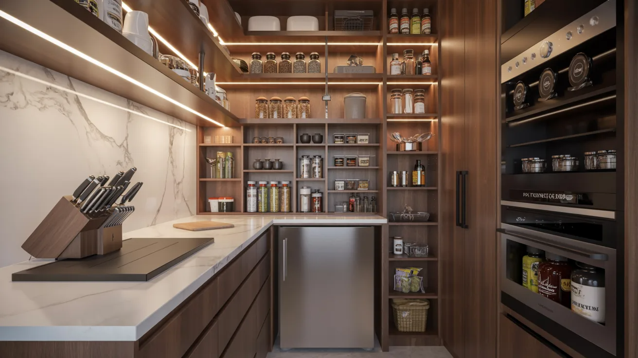 Modern pantry with wooden shelves full of organized spices and jars, a marble countertop with a knife block, and built-in ovens, creating a sleek, efficient space.