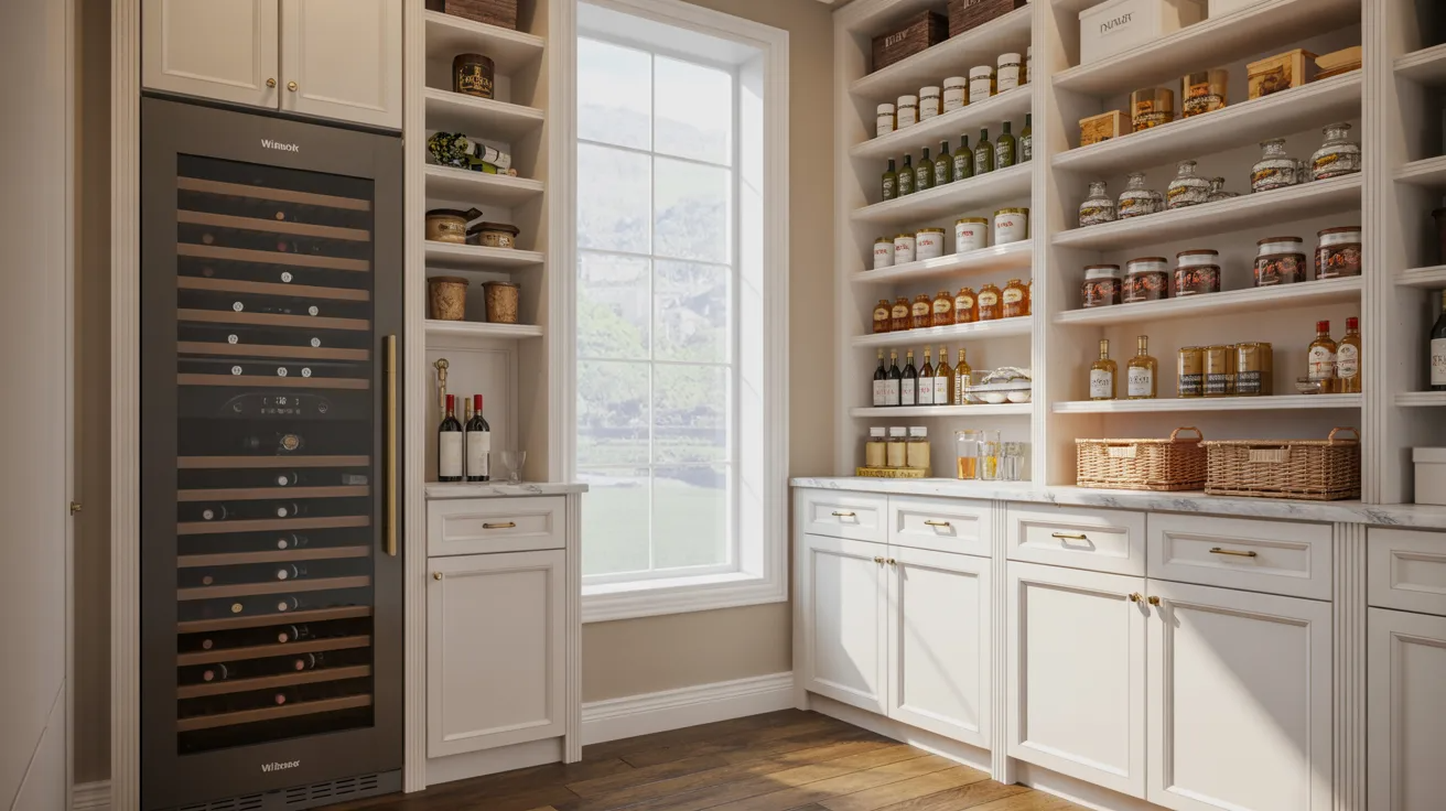 Bright pantry with white cabinets and open shelves showcasing jars, bottles, and baskets. Wine cooler on the left, large window offering natural light.