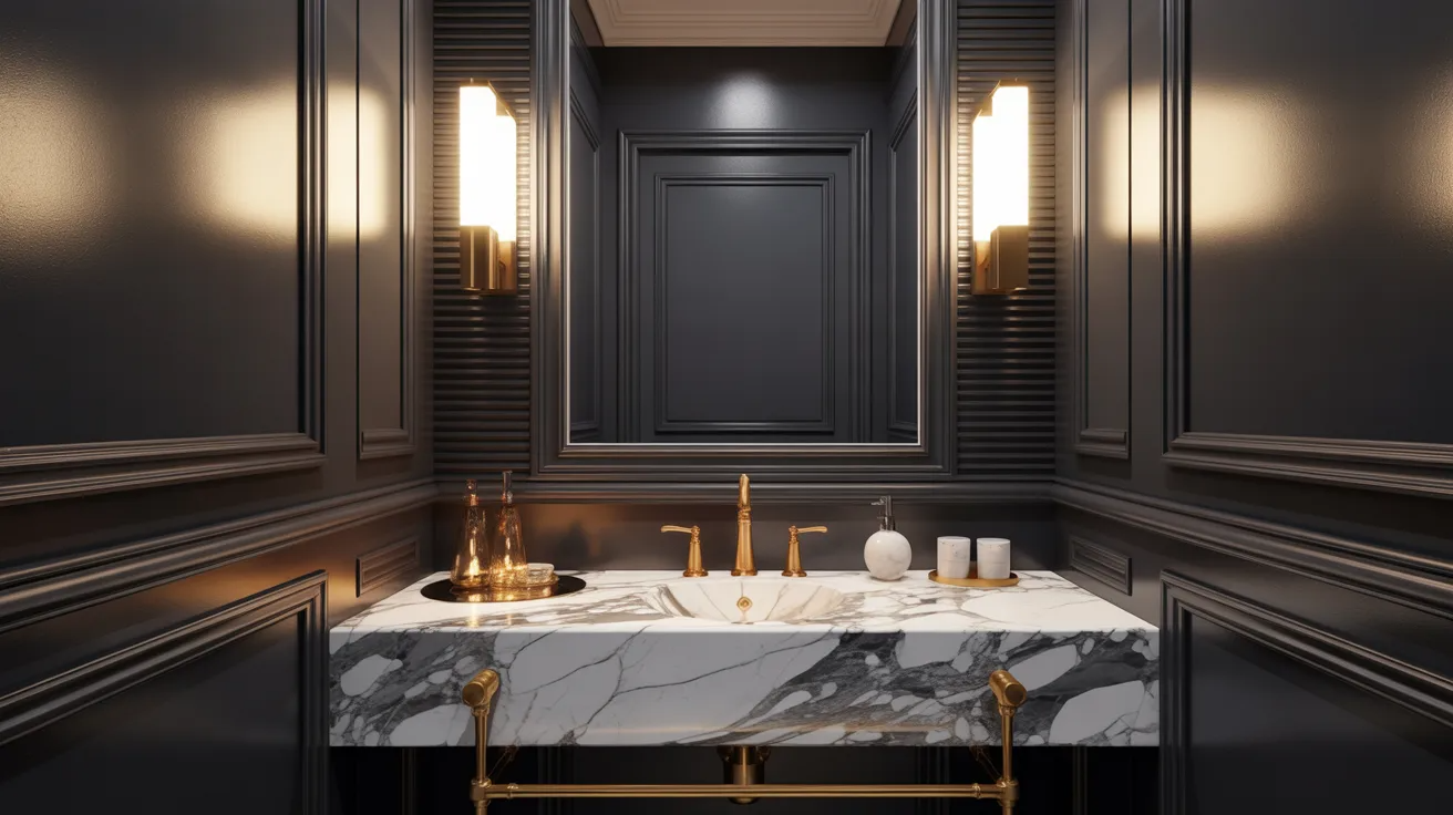 Luxurious dark bathroom with marble sink, gold fixtures, and warm lighting. Elegant decor and reflective surfaces create a sophisticated, serene ambiance.