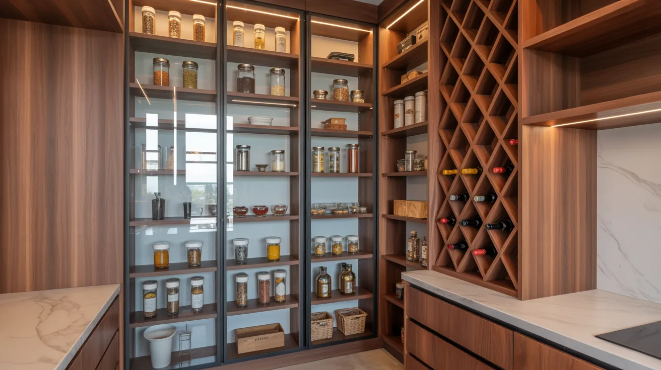 A modern pantry with wooden shelves lined with jars of spices and grains. A wine rack holds various bottles, creating an organized and elegant ambiance.