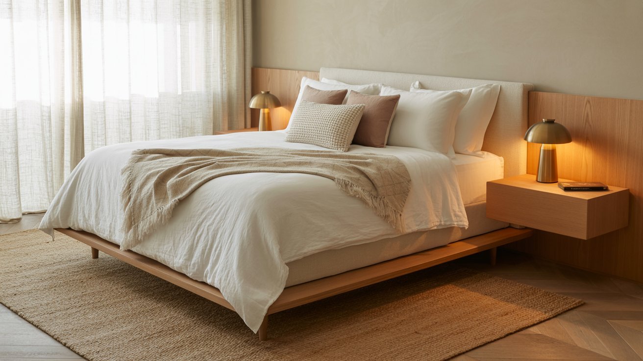 A cozy, minimalist bedroom features a wooden bed with white linens, beige throw, and multiple pillows. Two gold lamps on floating nightstands add warmth.