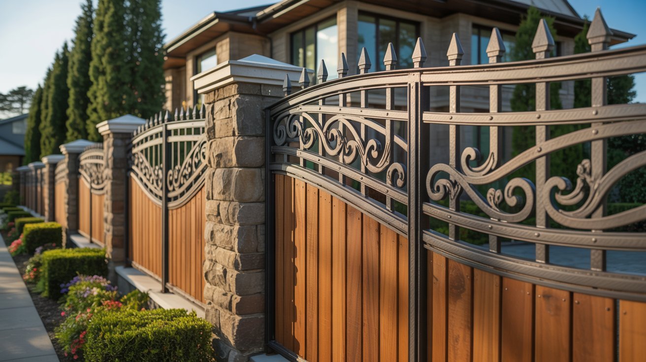 Elegant wrought iron and wood fence in front of a modern house with large windows. Neatly trimmed bushes and flowerbeds line the sidewalk, creating a welcoming scene.