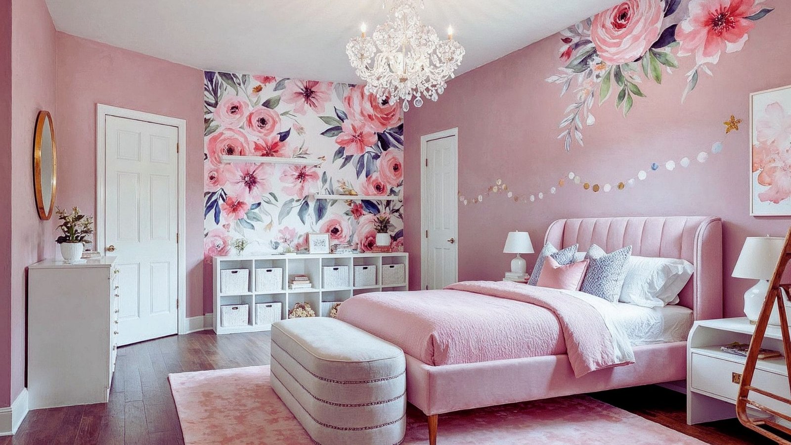 A pink bedroom features a floral accent wall, a plush bed, and a crystal chandelier. Soft lighting and decor create a cozy, elegant atmosphere.