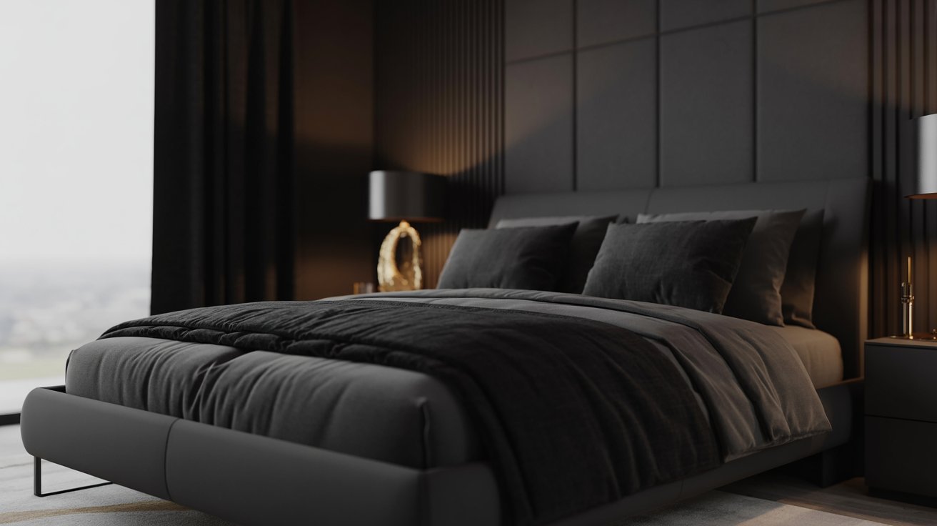 Modern bedroom with a luxurious feel, featuring a queen-sized bed with dark gray bedding, two elegant nightstands, and soft ambient lighting.