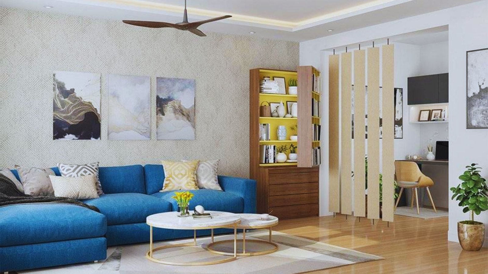 A modern living room featuring blue furniture and a white ceiling fan, creating a stylish and airy atmosphere.