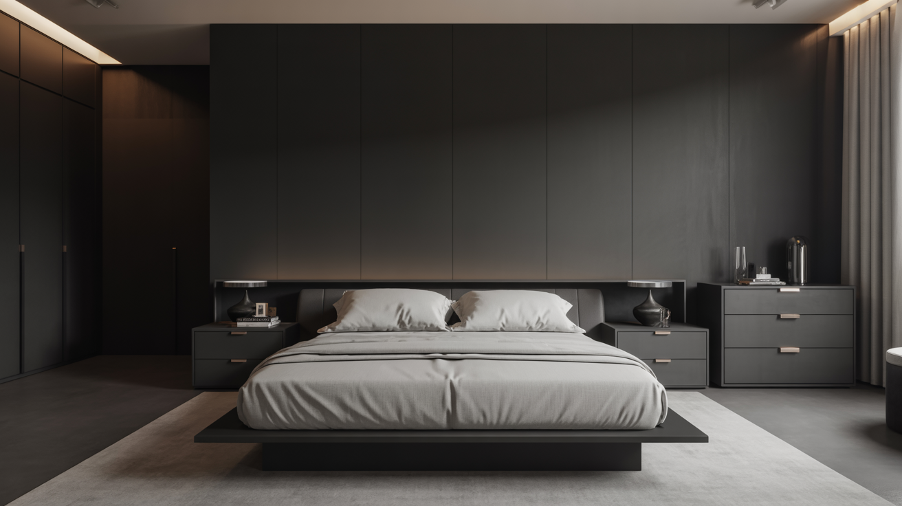A stylish bedroom with black walls and a cozy bed, showcasing a modern design aesthetic.