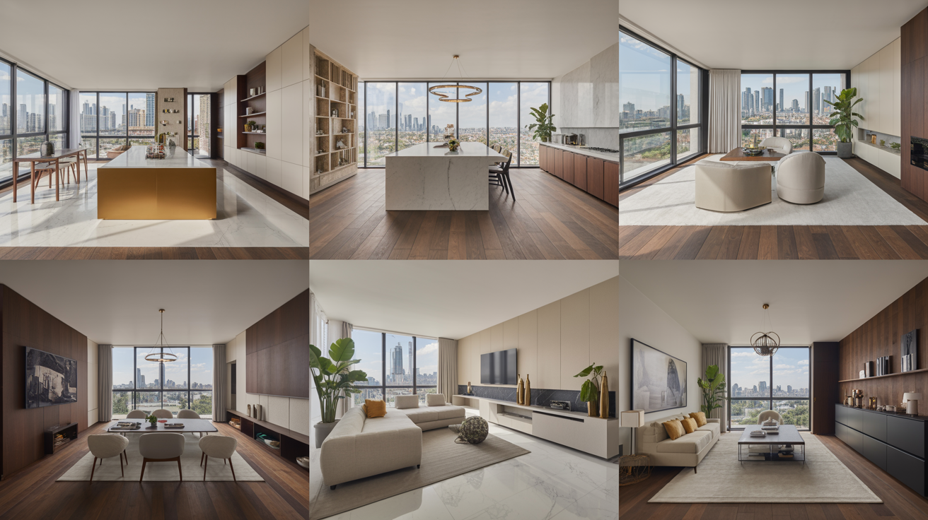 A collage of photos showcasing various angles of a modern apartment interior, highlighting its design and layout.