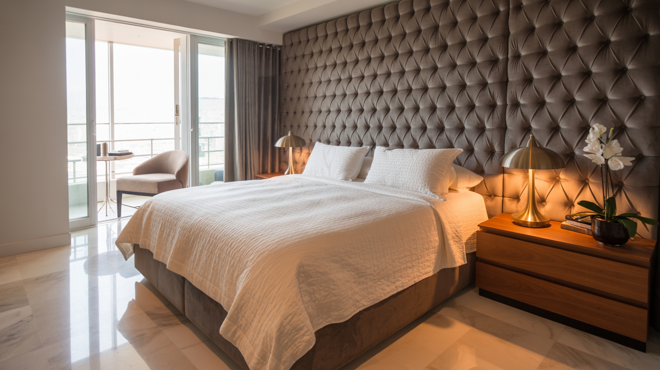 A cozy bedroom featuring a large bed adorned with a wall of colorful pillows for added comfort and style.