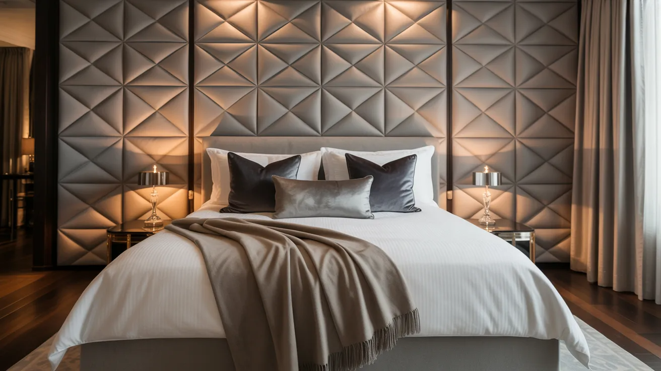 A spacious bedroom featuring a large bed and a striking wall adorned with geometric tiles.