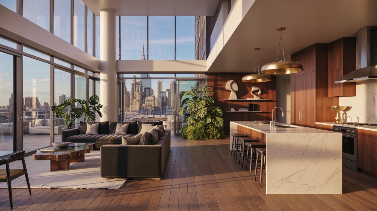 A modern kitchen and living room featuring large windows with a panoramic view of the city skyline.