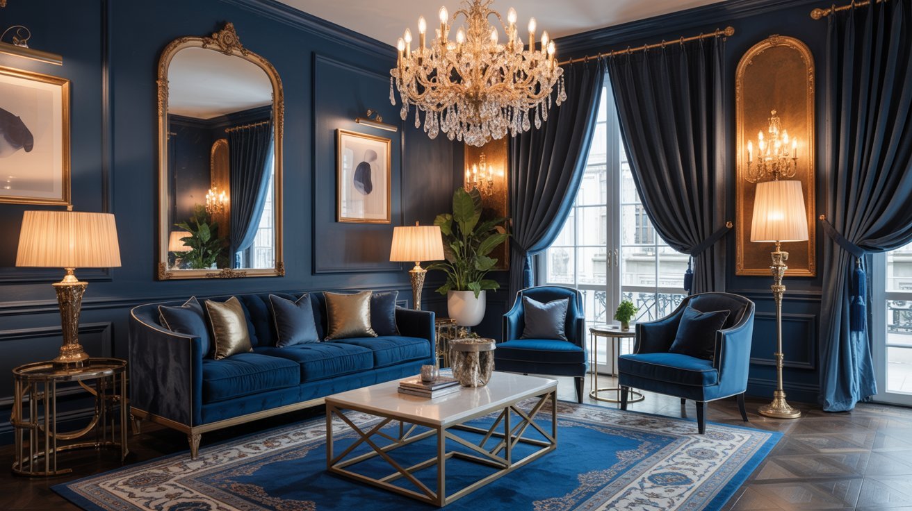 A blue living room featuring gold accents and an elegant chandelier hanging from the ceiling.